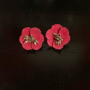 Red flower earrings, studs with backs, beading in the middle, like new condition